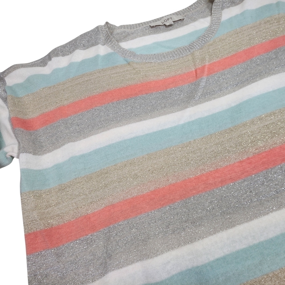LOFT Pastel Striped Crew Neck Sweater Size L Lightweight Shimmer Tan, Pink, Grey - Picture 4 of 10